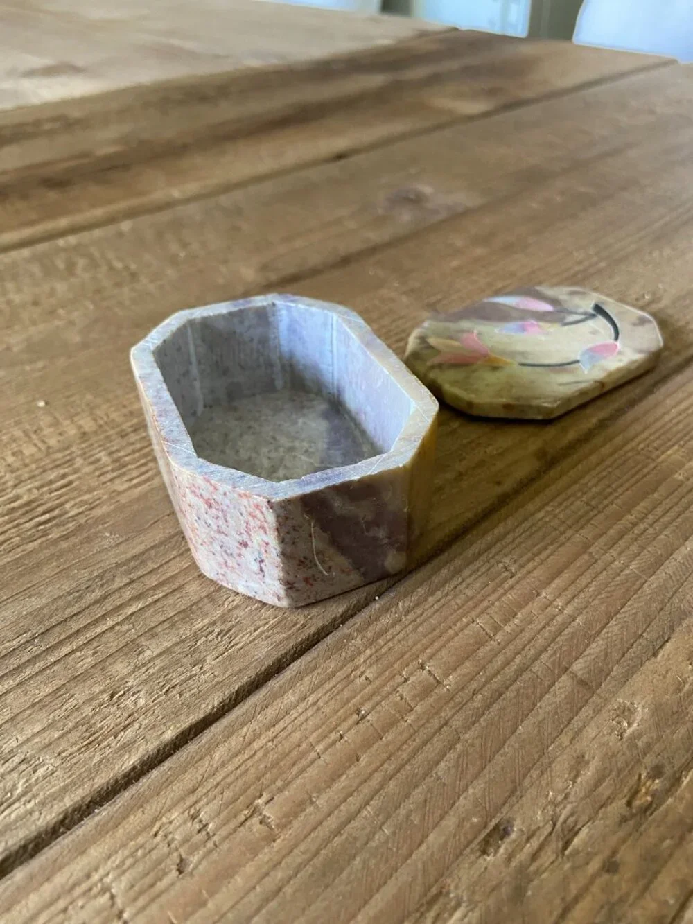 vintage stone trinket box, alabaster jewelry box, soapstone keepsake box, floral
